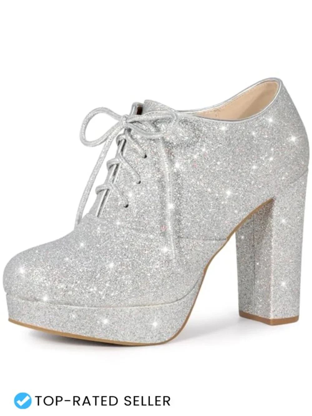 Lace Up Chunky Heel Platform Glitter Ankle Booties Women's Polyester Rubber Sole